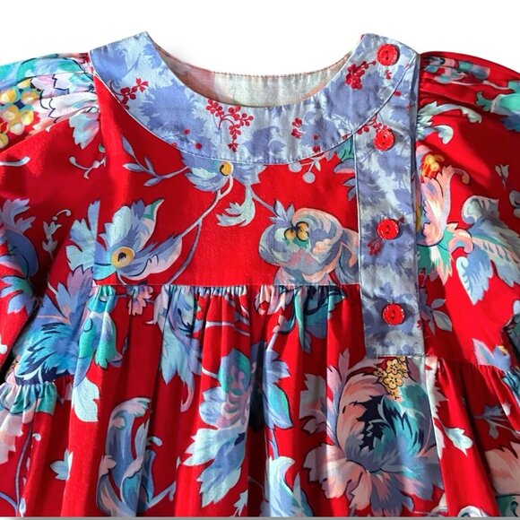 Vintage 90s Mousefeathers Girls Peasant Dress Sz 4 Boho Red Floral Midi A-line - Picture 4 of 10